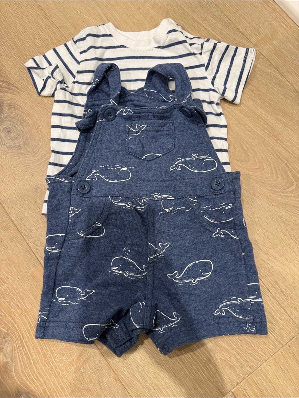 Little Me Navy Whale-Print Short Overalls with Striped Tee